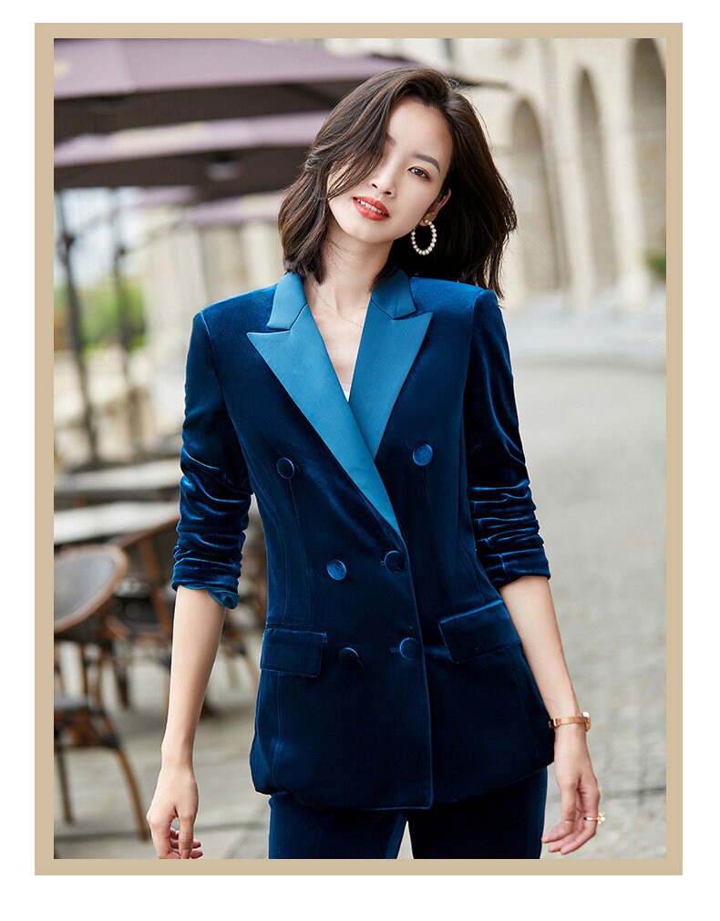 Sharp Blue/ Red/ Blue Velvet Pantsuit, plus size Designer Woman Suit Jacket + Pants Slim Cut Smart Casual/ Formal/ Party Event/ Gift