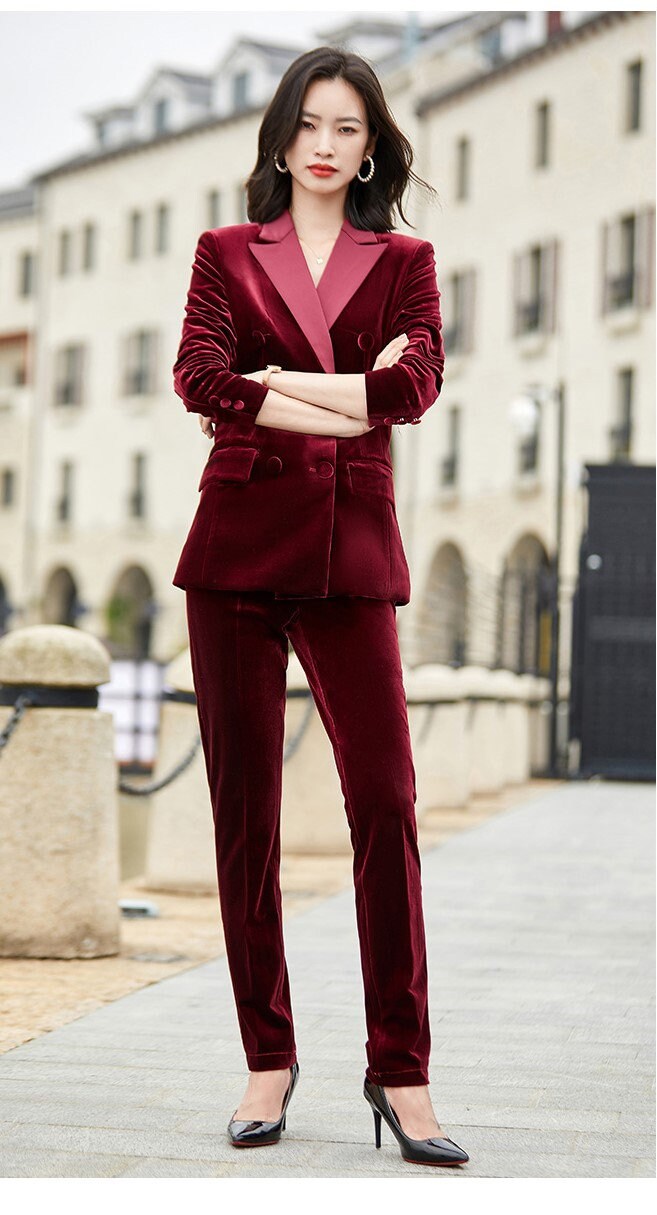 Sharp Blue/ Red/ Blue Velvet Pantsuit, plus size Designer Woman Suit Jacket + Pants Slim Cut Smart Casual/ Formal/ Party Event/ Gift