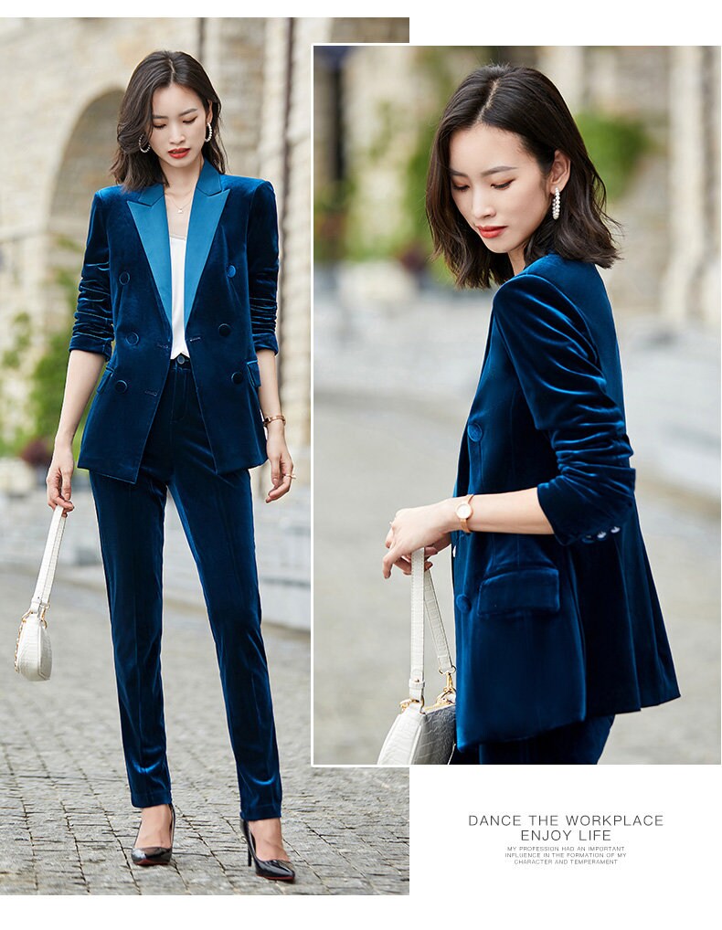 Sharp Blue/ Red/ Blue Velvet Pantsuit, plus size Designer Woman Suit Jacket + Pants Slim Cut Smart Casual/ Formal/ Party Event/ Gift