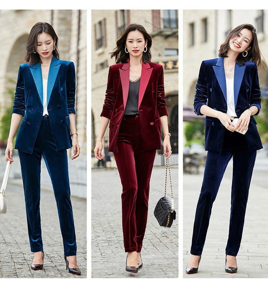 Sharp Blue/ Red/ Blue Velvet Pantsuit, plus size Designer Woman Suit Jacket + Pants Slim Cut Smart Casual/ Formal/ Party Event/ Gift