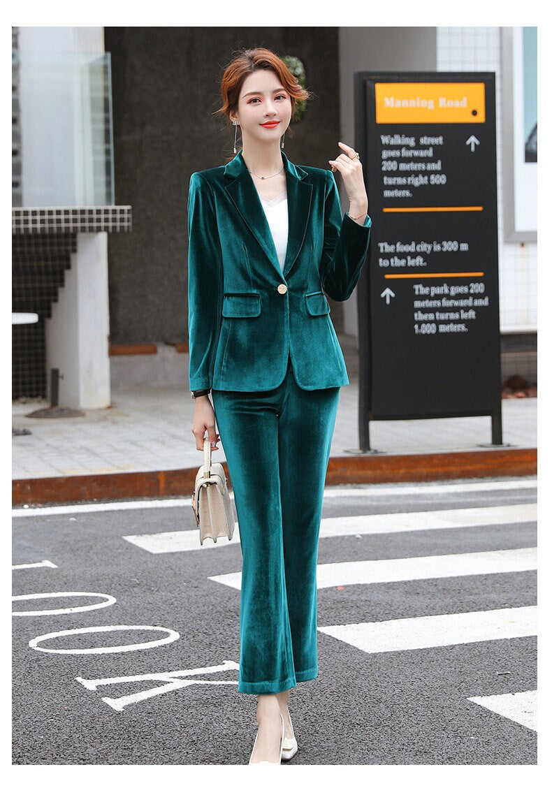 Red/ Green/ Blue Velvet Pantsuit, Plus size Designer Woman Suit Jacket + Pants Slim Cut Smart Casual/ Formal/ Party Event/ Gift