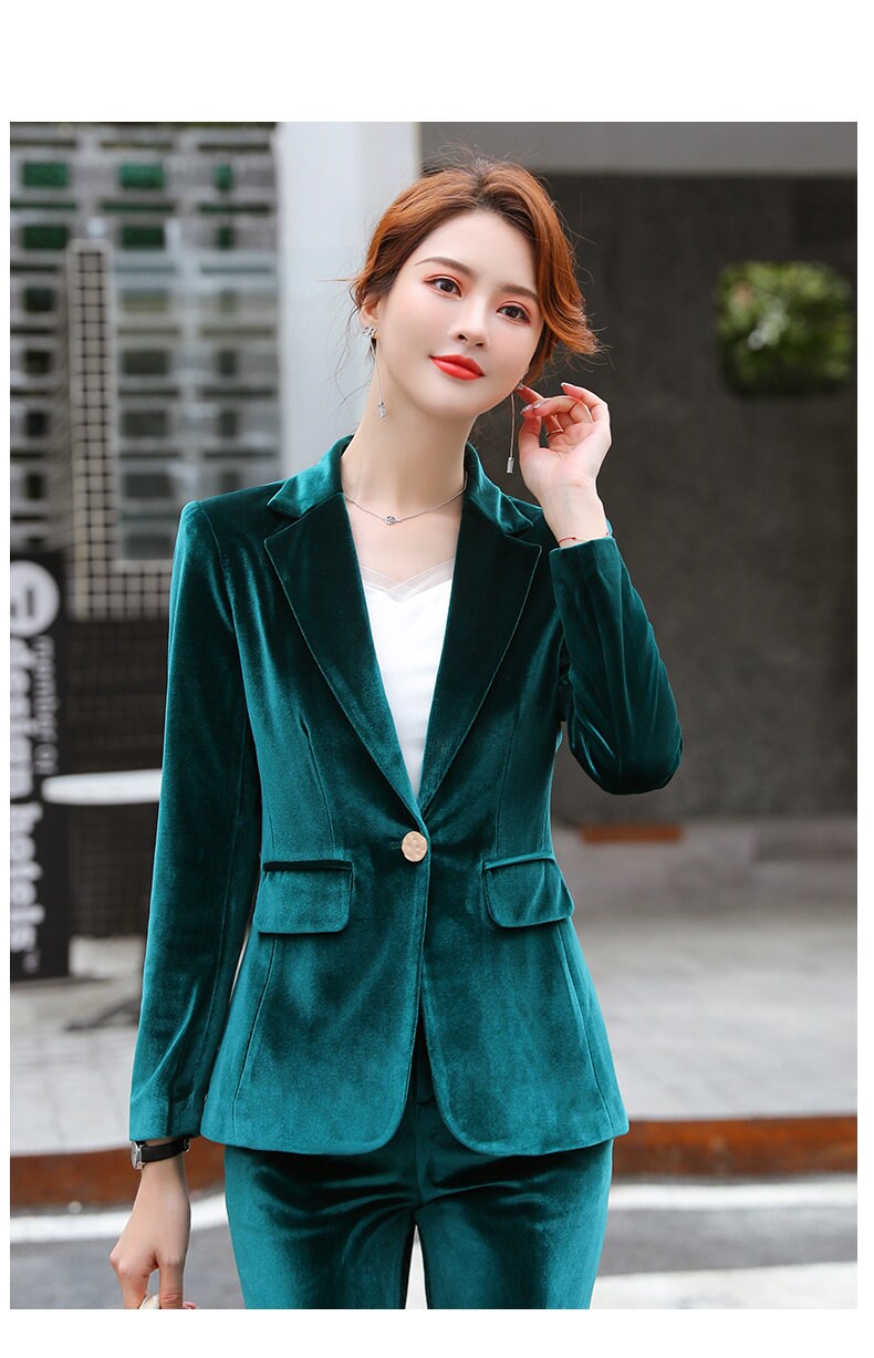 Red/ Green/ Blue Velvet Pantsuit, Plus size Designer Woman Suit Jacket + Pants Slim Cut Smart Casual/ Formal/ Party Event/ Gift