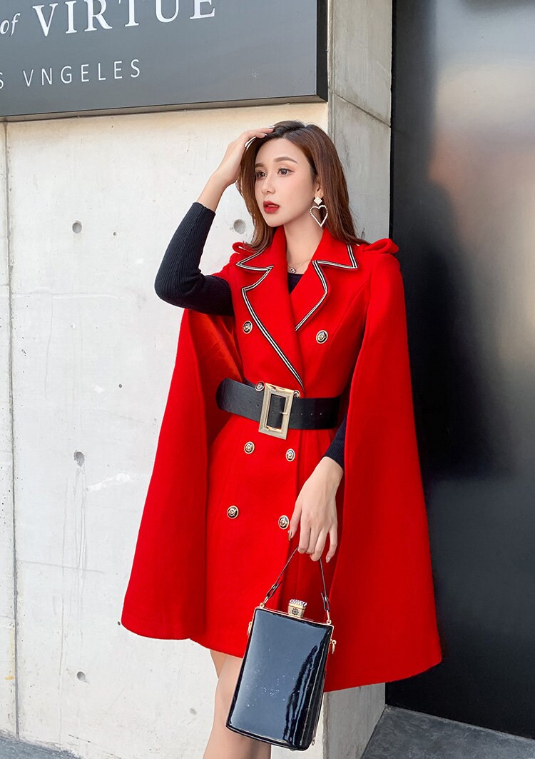 Red/black cape coat double breast, designer woman long winger coat, Smart Causal/ Formal/ Party Event/ Prom Wedding/Gift