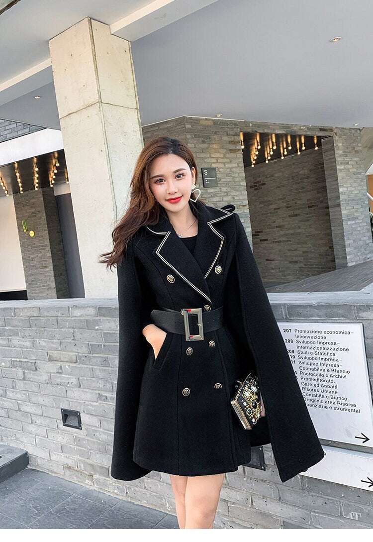 Red/black cape coat double breast, designer woman long winger coat, Smart Causal/ Formal/ Party Event/ Prom Wedding/Gift