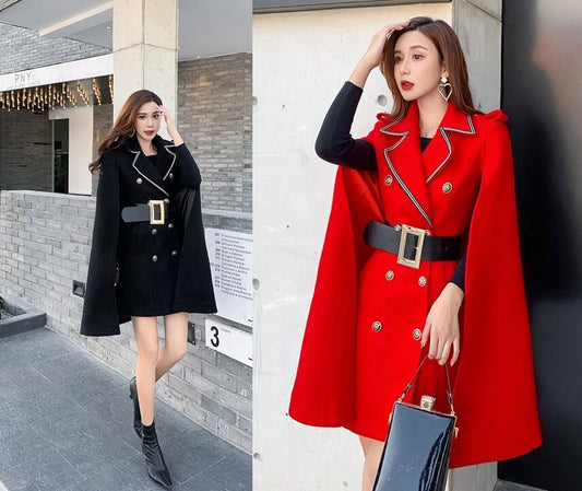 Red/black cape coat double breast, designer woman long winger coat, Smart Causal/ Formal/ Party Event/ Prom Wedding/Gift