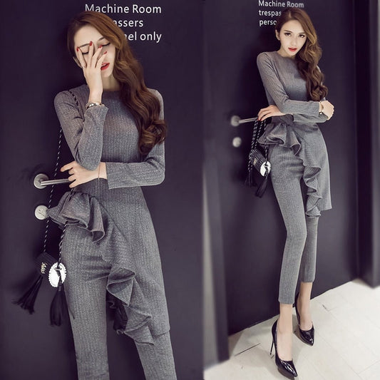 Gray/black ruffle two clothes set, designer woman top + pants slim cut, Smart Causal/ Formal/ Party Event/ Prom Wedding/Gift