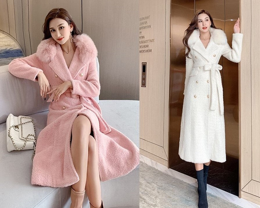 Deluxe pink/ white fur trench coat, designer woman think winter coat double breast, Smart Causal/ Formal/ Party Event/ Prom Wedding/Gift