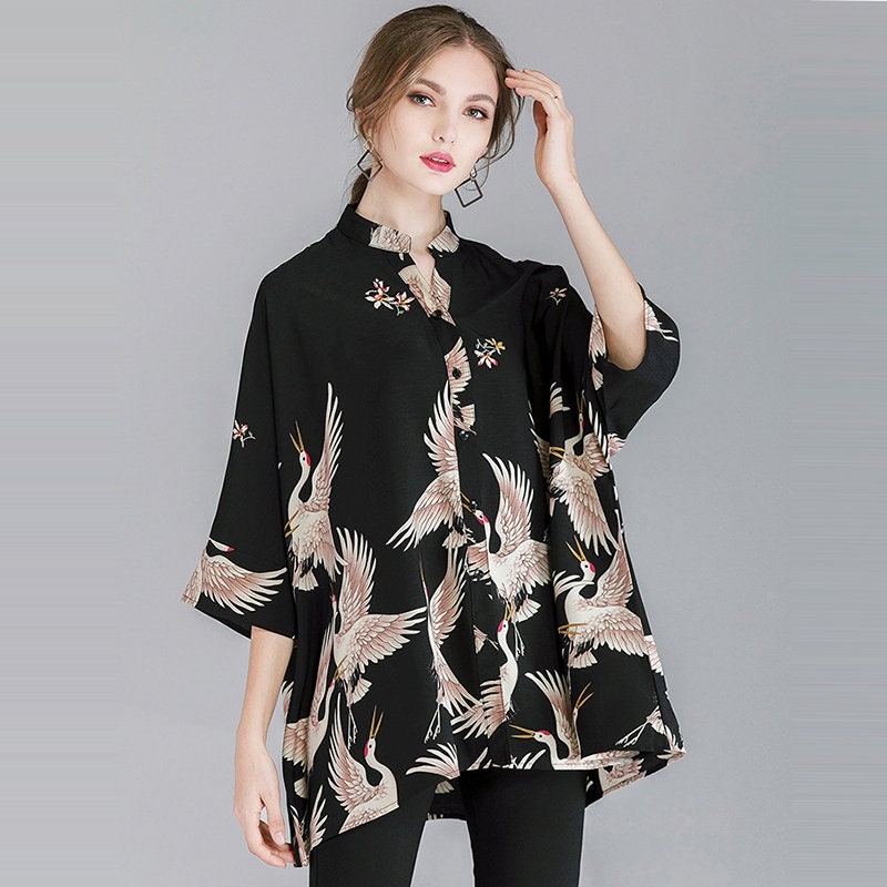 Cranes print loose fit blouse, designer woman Japanese art graphics shirt extra large, Smart Causal/ Formal/ Party Event/ Prom Wedding/Gift