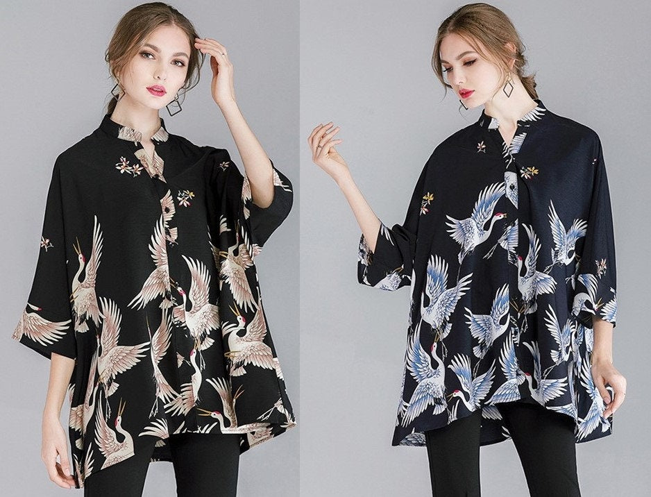 Cranes print loose fit blouse, designer woman Japanese art graphics shirt extra large, Smart Causal/ Formal/ Party Event/ Prom Wedding/Gift