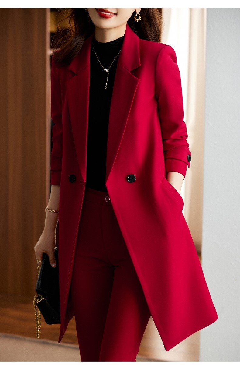 Red/ Black/ Dark blue pantsuit, designer woman long coat slim cut + pants Smart Causal/ Formal/ Party Event/ Prom Wedding/Gift