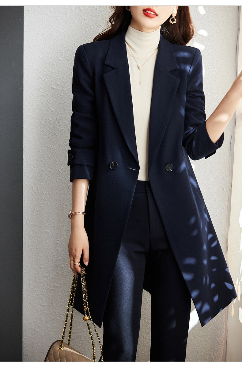 Red/ Black/ Dark blue pantsuit, designer woman long coat slim cut + pants Smart Causal/ Formal/ Party Event/ Prom Wedding/Gift