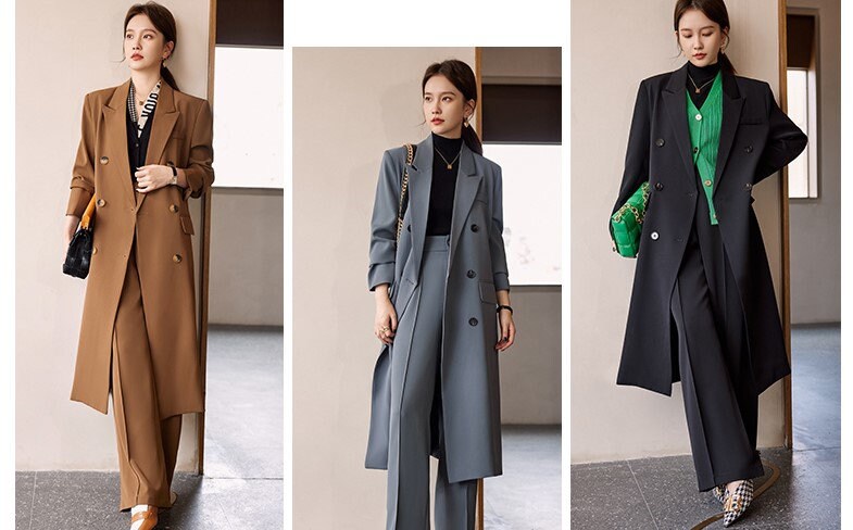 Brown/ Black/ Gray trench coat + pants set, designer woman long coat + loose fit pants Smart Causal/ Formal/ Party Event/ Prom Wedding/Gift