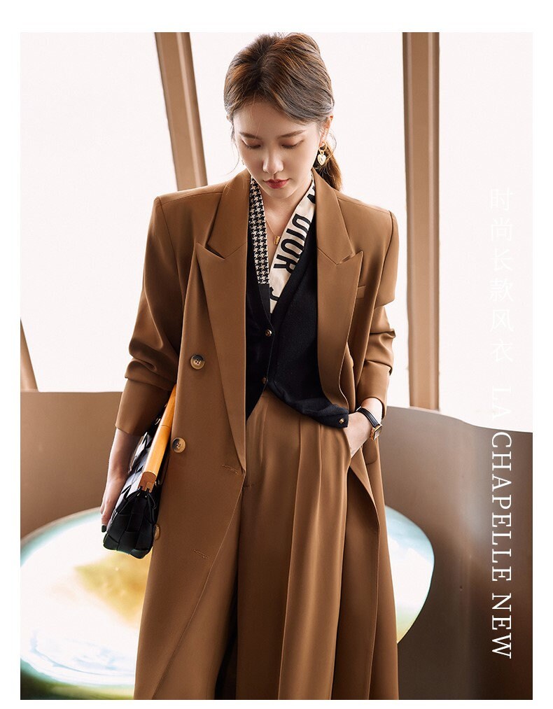 Brown/ Black/ Gray trench coat + pants set, designer woman long coat + loose fit pants Smart Causal/ Formal/ Party Event/ Prom Wedding/Gift