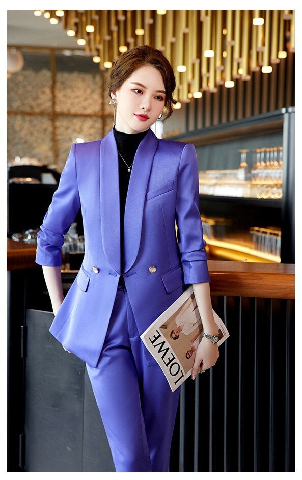 Purple/ Green/ Blue acetate pantsuit, designer woman shiny suit jacket/ blazer + pants suit set, Formal/ Party Event/ Prom Wedding/Gift