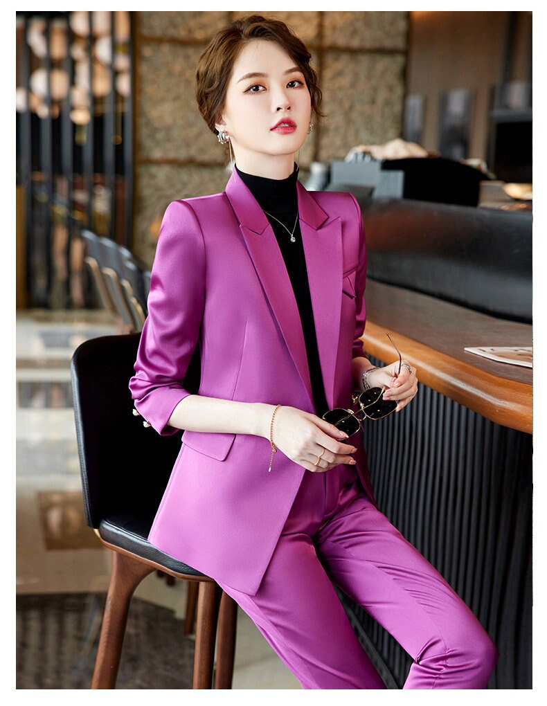 Khaki /Rose red/ Purple acetate pantsuit, woman shiny suit jacket/ blazer + slim cut pants suit set, Formal/ Party Event/ Prom Wedding/Gift