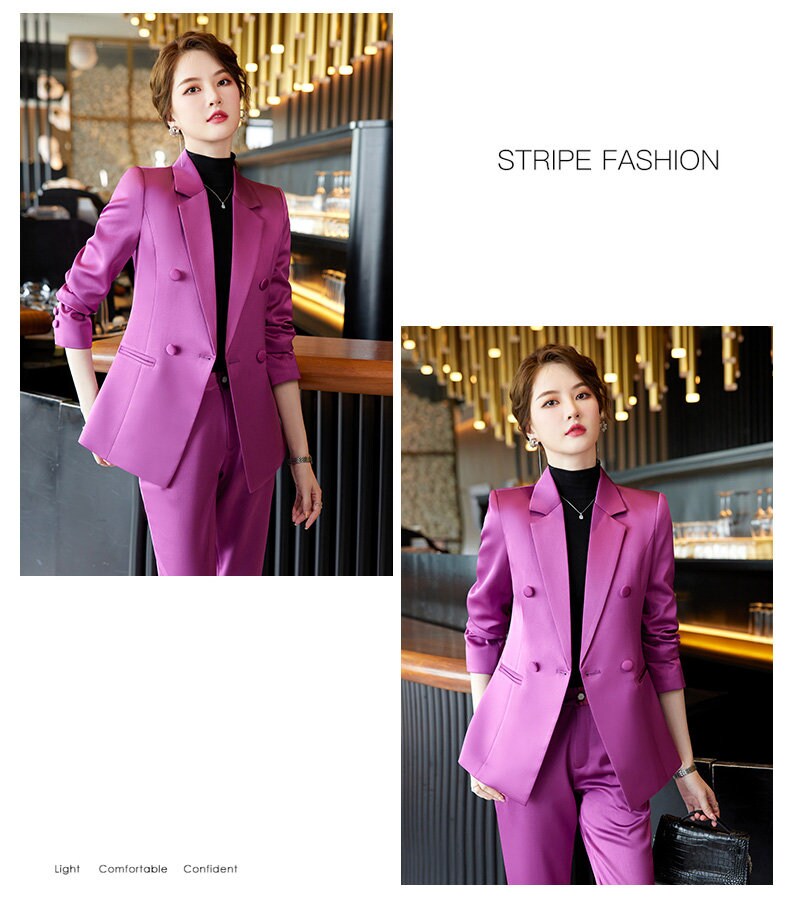 Pink/ Rose red/ Purple acetate pantsuit, woman shiny suit jacket/ blazer + slim cut pants suit set, Formal/ Party Event/ Prom Wedding/Gift