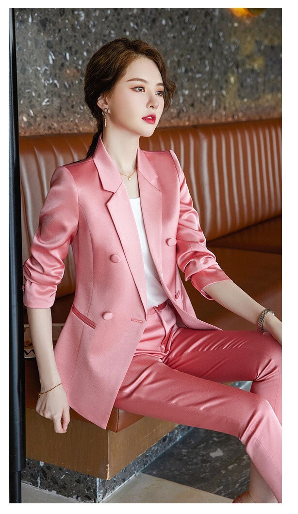 Pink/ Rose red/ Purple acetate pantsuit, woman shiny suit jacket/ blazer + slim cut pants suit set, Formal/ Party Event/ Prom Wedding/Gift