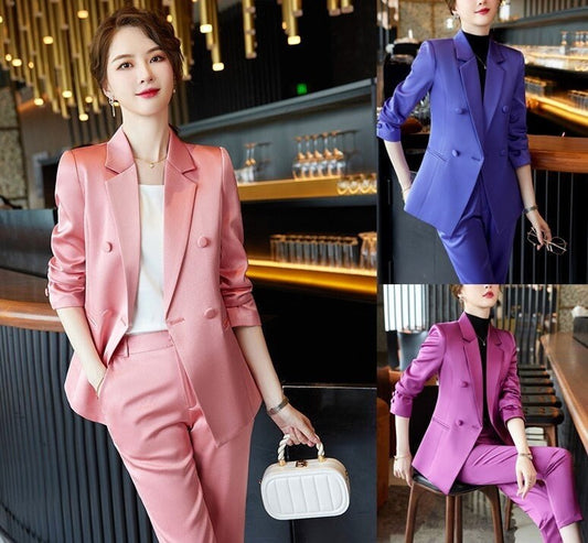 Pink/ Rose red/ Purple acetate pantsuit, woman shiny suit jacket/ blazer + slim cut pants suit set, Formal/ Party Event/ Prom Wedding/Gift