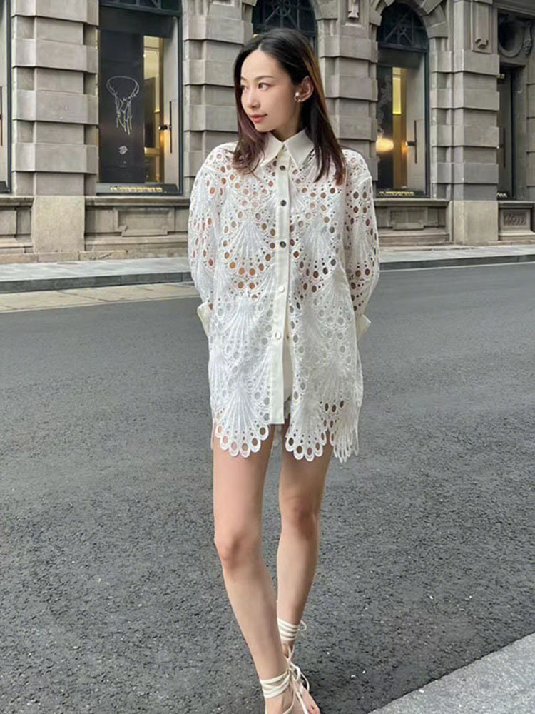 Beige lace diecut pattern blouse, woman sleeve collar loose fit shirt Victorian style, Smart casual/ Formal/ Party Event/ Prom Wedding/Gift