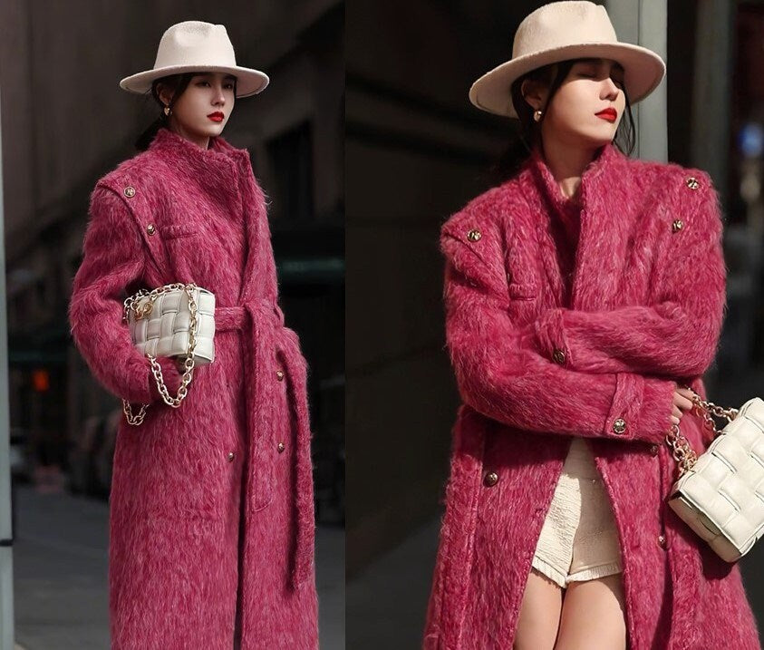 Pink Wool Trench Coat, designer woman fur winter long coat, Smart Causal/ Formal/ Party Event/ Prom Wedding/Gift