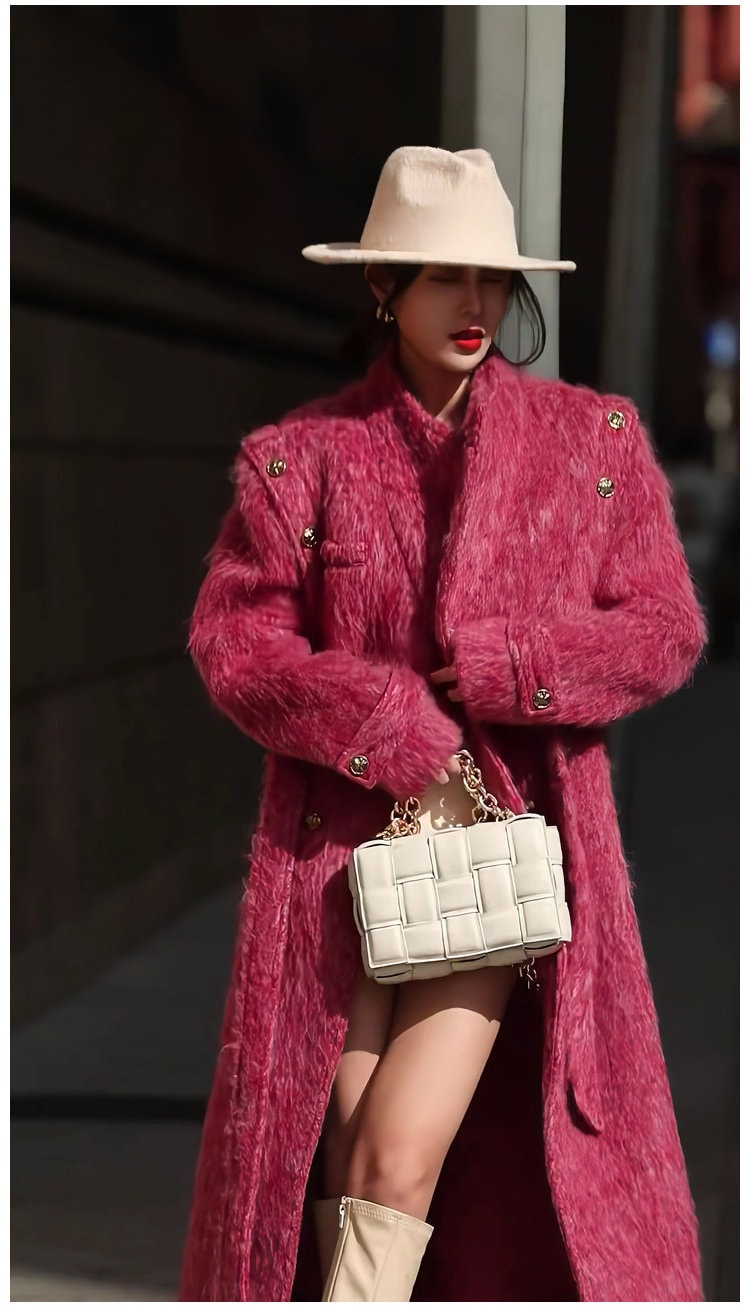 Pink Wool Trench Coat, designer woman fur winter long coat, Smart Causal/ Formal/ Party Event/ Prom Wedding/Gift