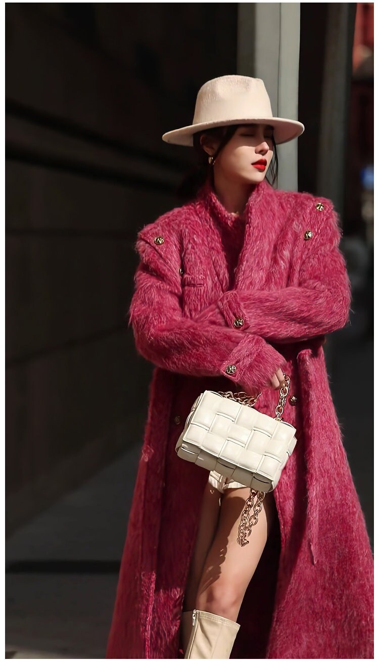 Pink Wool Trench Coat, designer woman fur winter long coat, Smart Causal/ Formal/ Party Event/ Prom Wedding/Gift