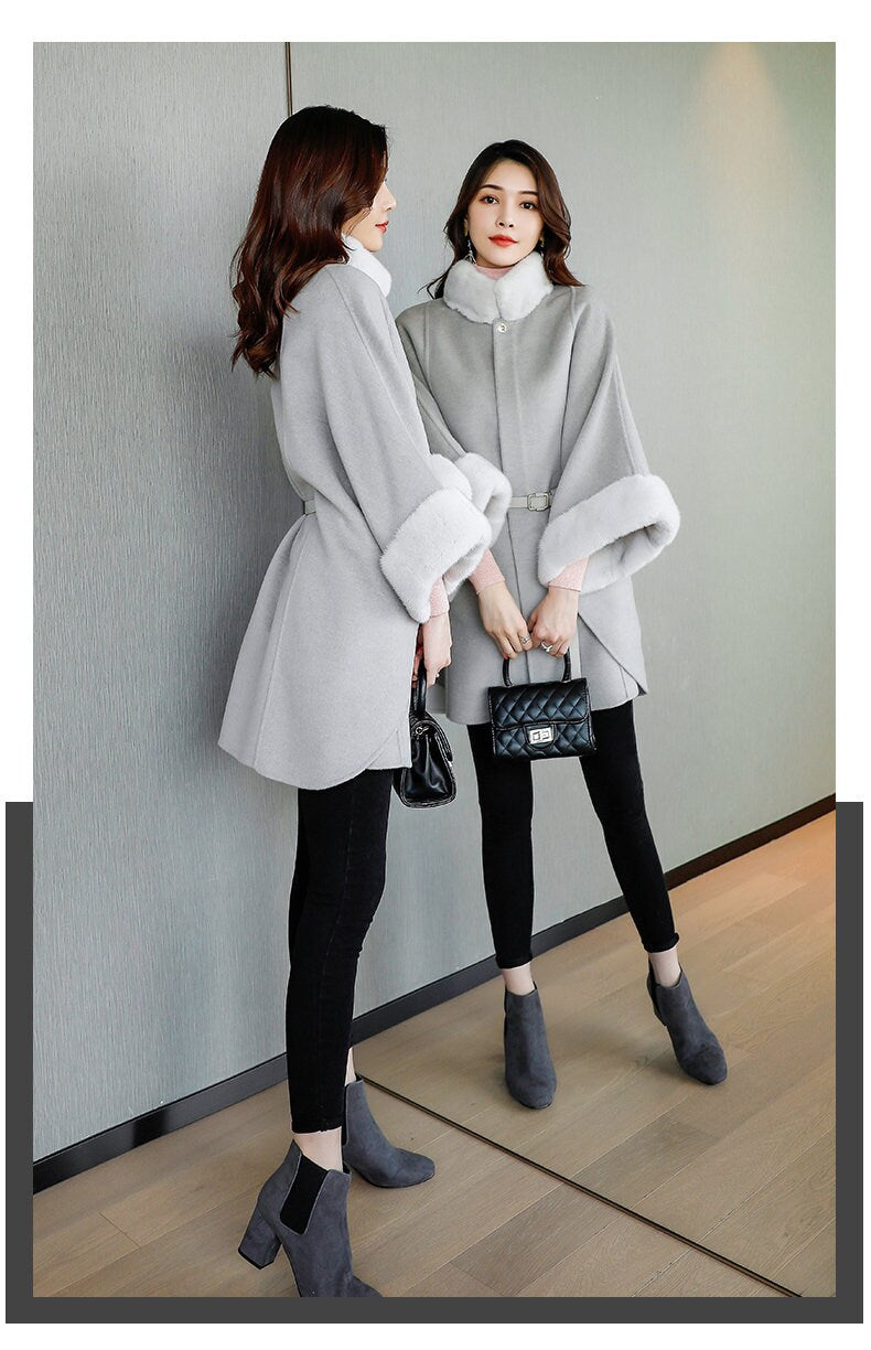 Light gray/ green Cape coat , designer woman modern short cloak/ poncho butterfly sleeves, Smart Causal/ Party Event/ Prom Wedding/Gift