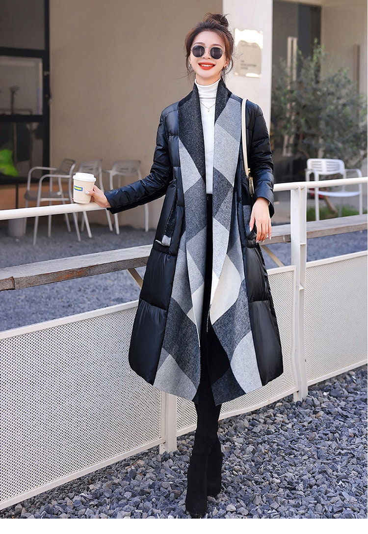 Knitted patchwork down trench coat , designer woman long coat in white/ black stripes, Smart Causal/ Party Event/ Prom Wedding/Gift