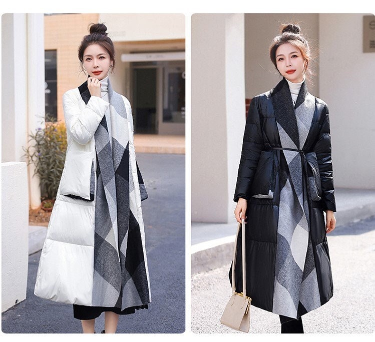 Knitted patchwork down trench coat , designer woman long coat in white/ black stripes, Smart Causal/ Party Event/ Prom Wedding/Gift