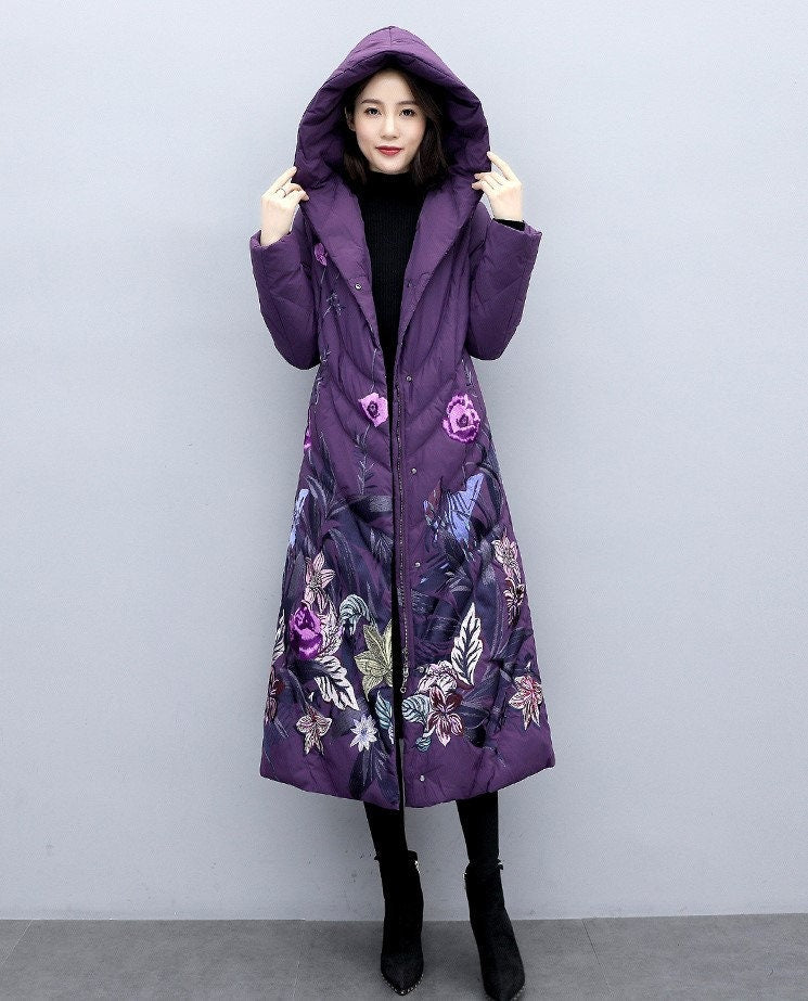 Floral embroidery down trench coat , designer woman wool long coat in blue/ black, Smart Causal/ Party Event/ Prom Wedding/Gift