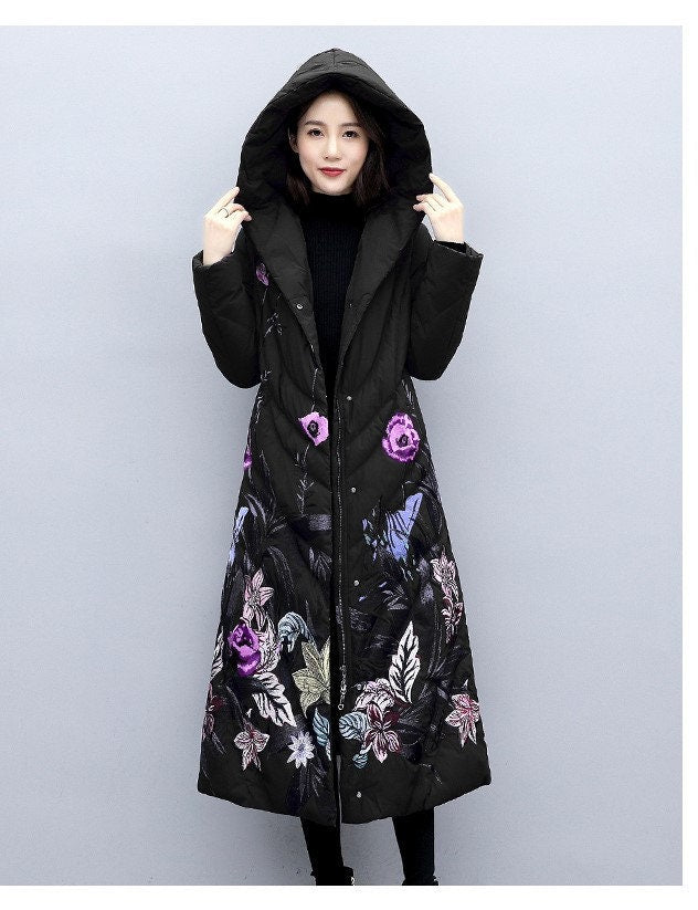 Floral embroidery down trench coat , designer woman wool long coat in blue/ black, Smart Causal/ Party Event/ Prom Wedding/Gift