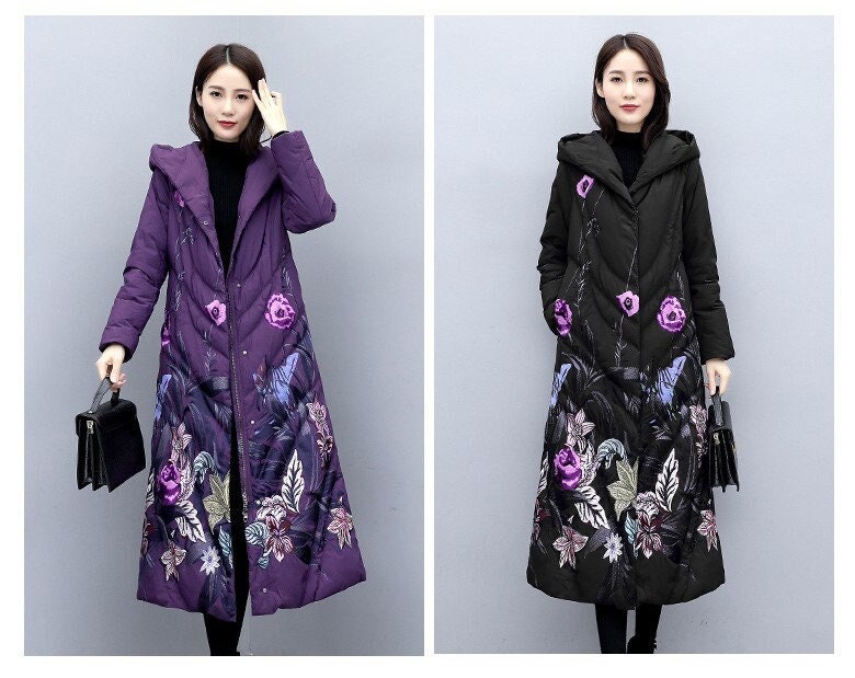 Floral embroidery down trench coat , designer woman wool long coat in blue/ black, Smart Causal/ Party Event/ Prom Wedding/Gift