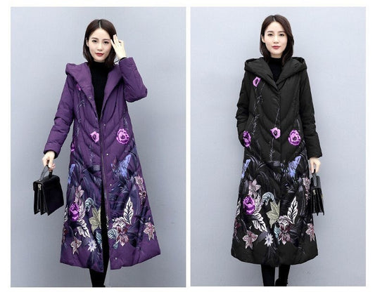 Floral embroidery down trench coat , designer woman wool long coat in blue/ black, Smart Causal/ Party Event/ Prom Wedding/Gift