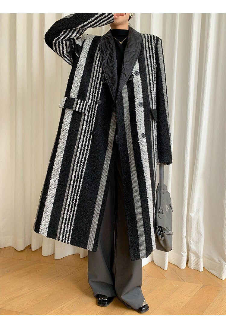 Striped patchwork trench coat, designer woman trendy long wool coat, Smart Causal/ Party Event/ Prom Wedding/Gift