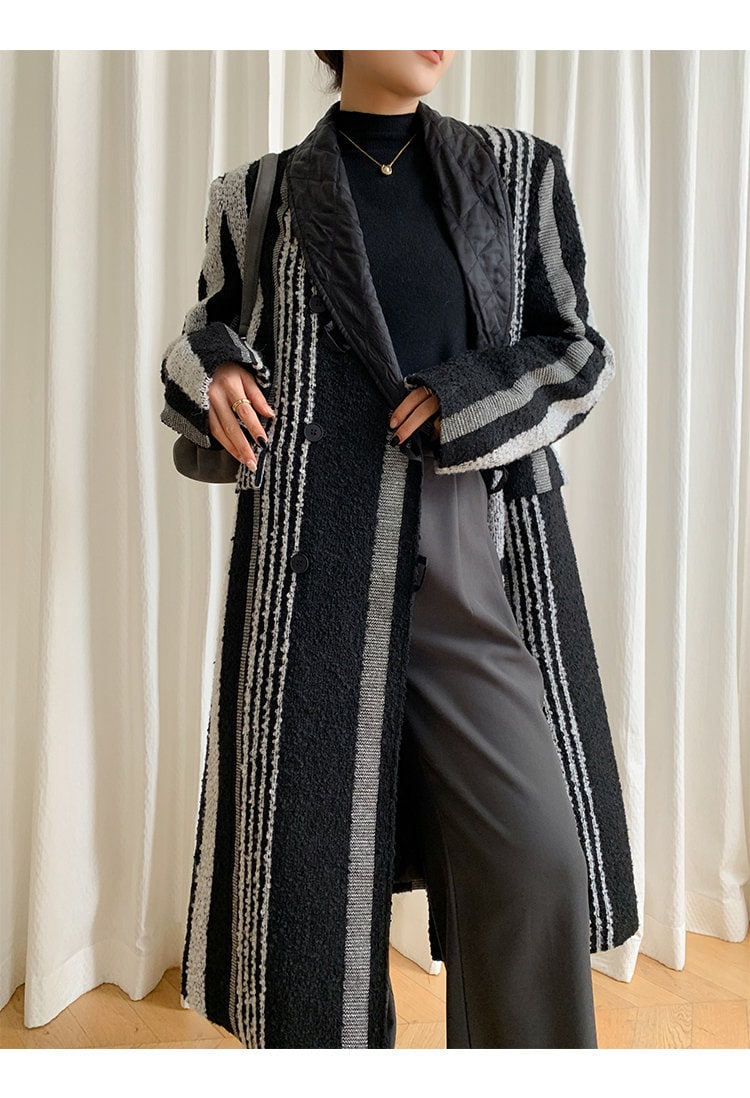 Striped patchwork trench coat, designer woman trendy long wool coat, Smart Causal/ Party Event/ Prom Wedding/Gift