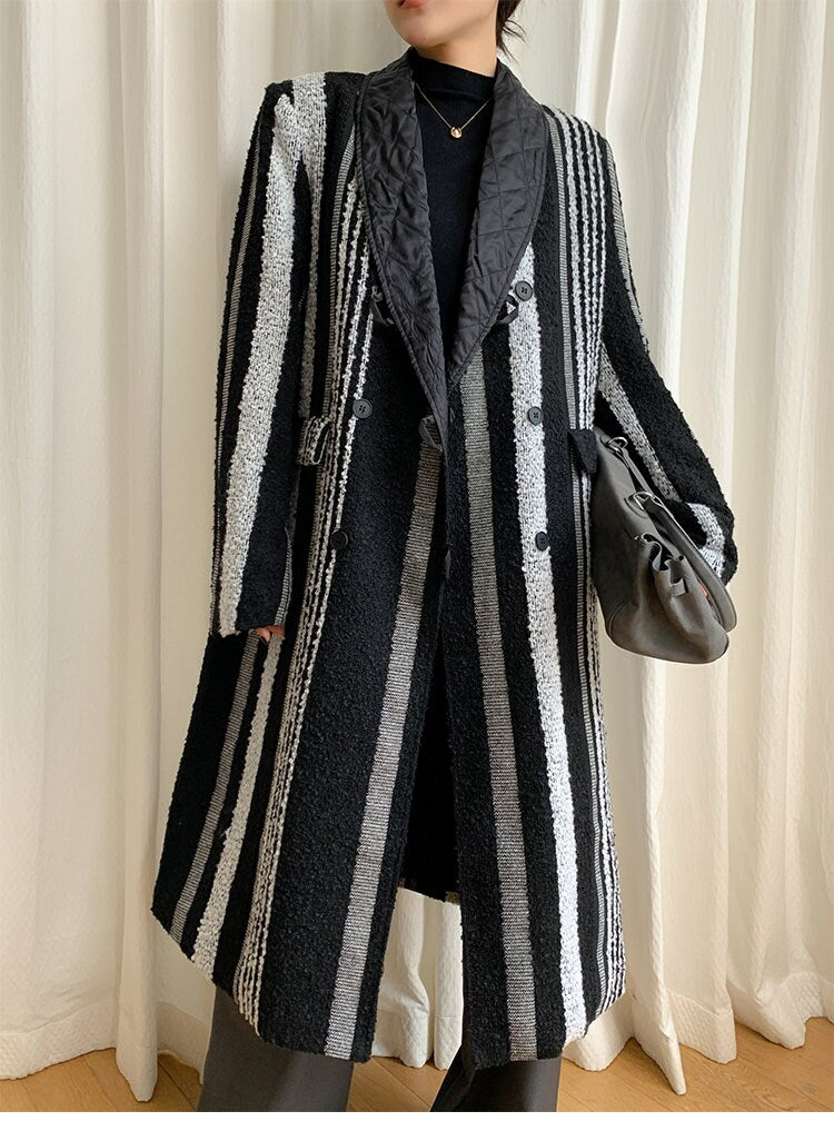 Striped patchwork trench coat, designer woman trendy long wool coat, Smart Causal/ Party Event/ Prom Wedding/Gift