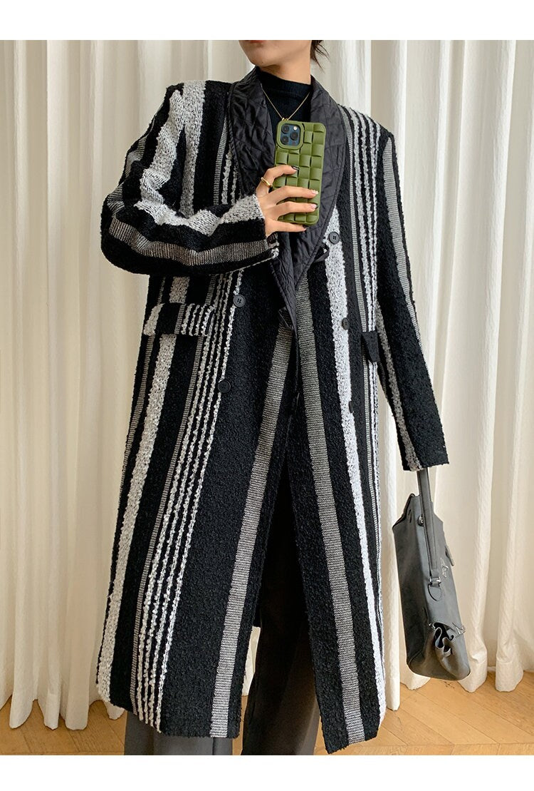 Striped patchwork trench coat, designer woman trendy long wool coat, Smart Causal/ Party Event/ Prom Wedding/Gift