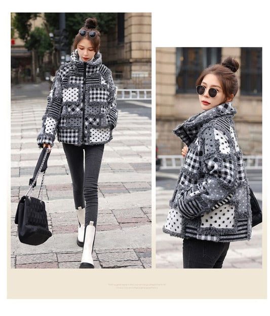 Patchwork down jacket, designer woman trendy short wool coat, Smart Causal/ Party Event/ Prom Wedding/Gift