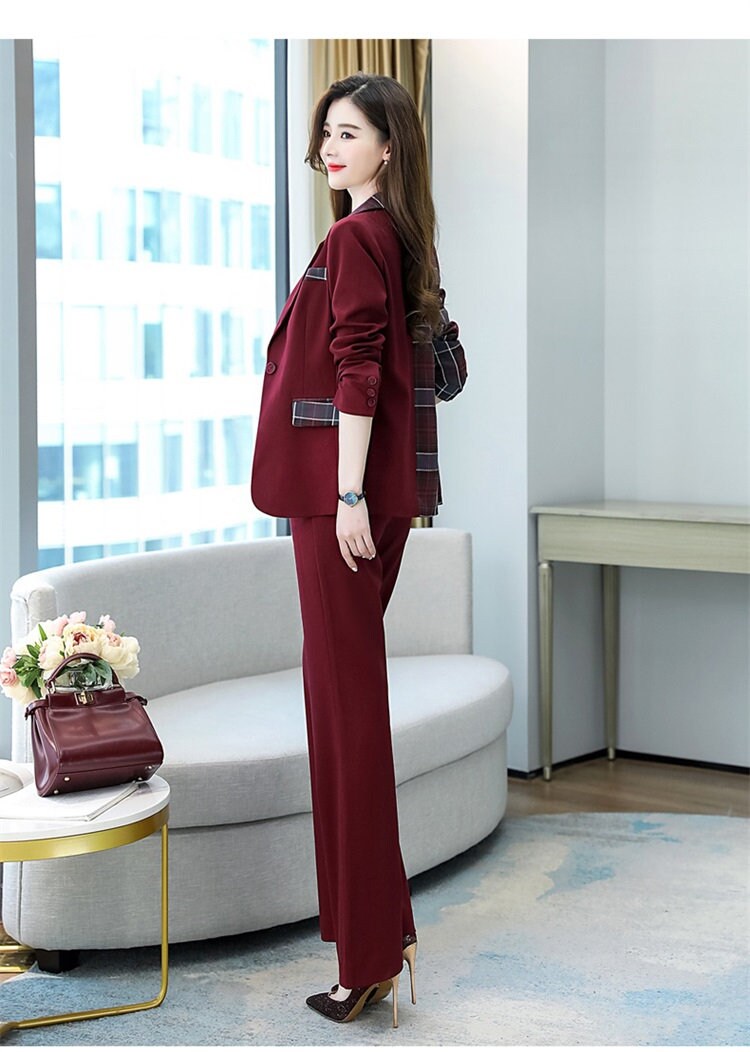 Patchwork asymmetric pantsuit, designer woman trendy blazer + pants, Smart Causal suit set/ Party Event/ Prom Wedding/Gift