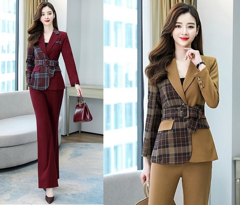 Patchwork asymmetric pantsuit, designer woman trendy blazer + pants, Smart Causal suit set/ Party Event/ Prom Wedding/Gift