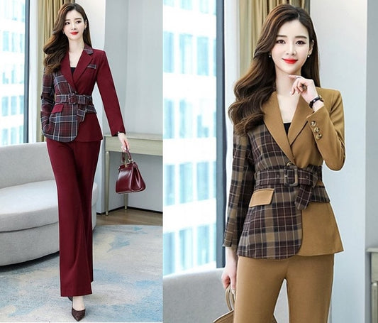 Patchwork asymmetric pantsuit, designer woman trendy blazer + pants, Smart Causal suit set/ Party Event/ Prom Wedding/Gift