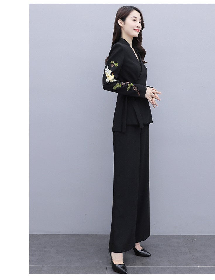 Oriental embroidery pantsuit, designer woman trendy blazer + pants, Smart Causal suit set/ Party Event/ Prom Wedding/Gift