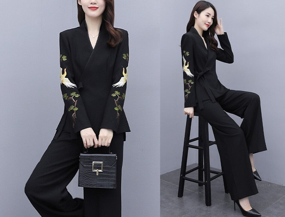 Oriental embroidery pantsuit, designer woman trendy blazer + pants, Smart Causal suit set/ Party Event/ Prom Wedding/Gift