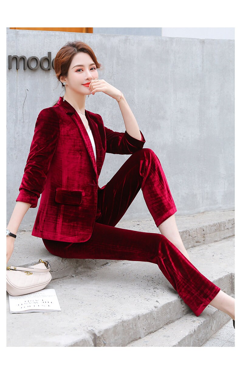 Red/ Green/ Blue Velvet Pantsuit, Plus size Designer Woman Suit Jacket + Pants Slim Cut Smart Casual/ Formal/ Party Event/ Gift