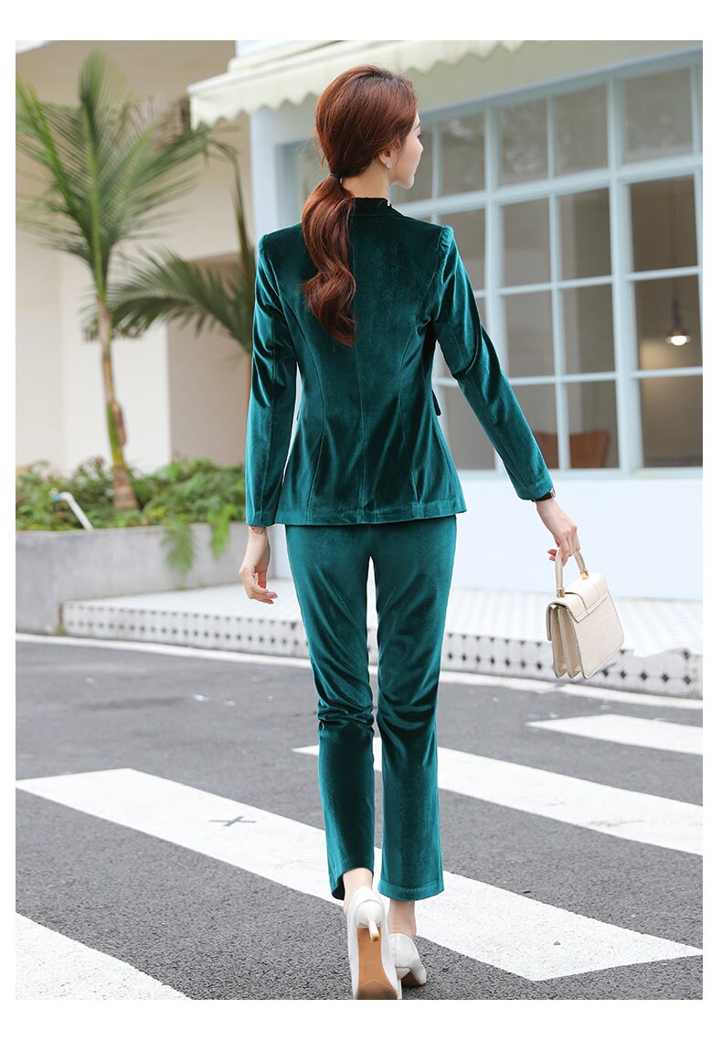 Red/ Green/ Blue Velvet Pantsuit, Plus size Designer Woman Suit Jacket + Pants Slim Cut Smart Casual/ Formal/ Party Event/ Gift