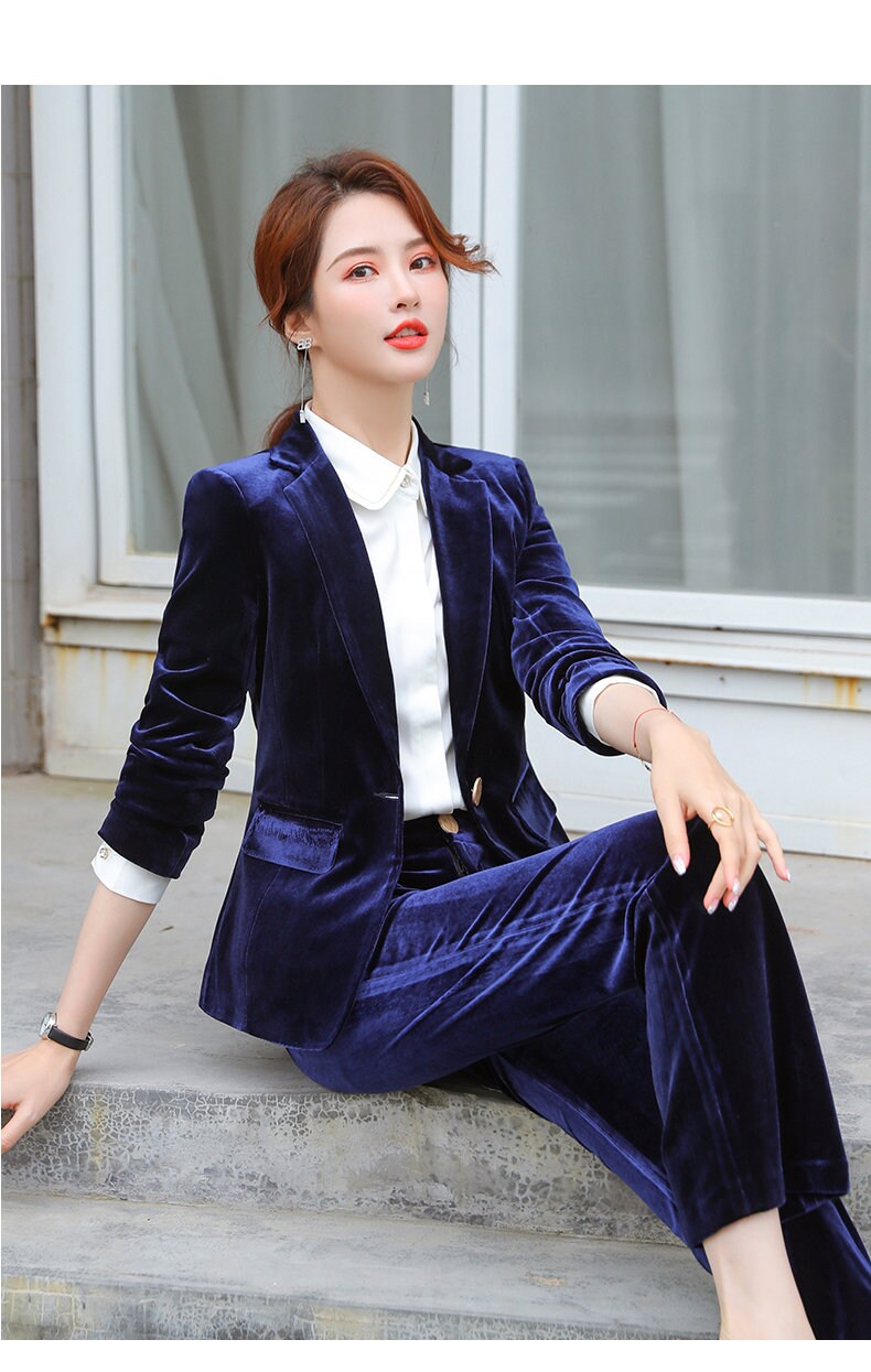 Red/ Green/ Blue Velvet Pantsuit, Plus size Designer Woman Suit Jacket + Pants Slim Cut Smart Casual/ Formal/ Party Event/ Gift