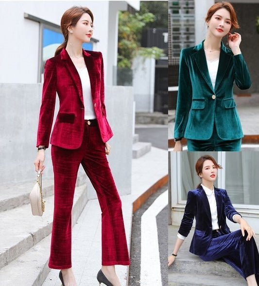 Red/ Green/ Blue Velvet Pantsuit, Plus size Designer Woman Suit Jacket + Pants Slim Cut Smart Casual/ Formal/ Party Event/ Gift