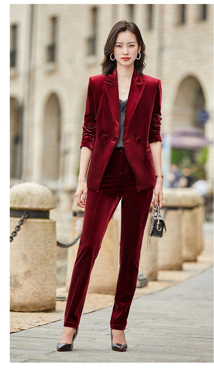 Silver gray/ Red/ Blue Velvet Pantsuit, Designer Woman Suit Jacket + Pants Slim Cut Deluxe for Smart Casual/ Formal/ Party Event/ Gift