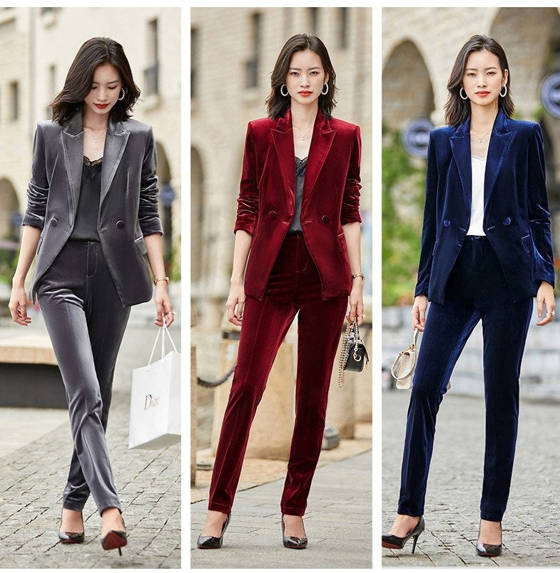 Silver gray/ Red/ Blue Velvet Pantsuit, Designer Woman Suit Jacket + Pants Slim Cut Deluxe for Smart Casual/ Formal/ Party Event/ Gift