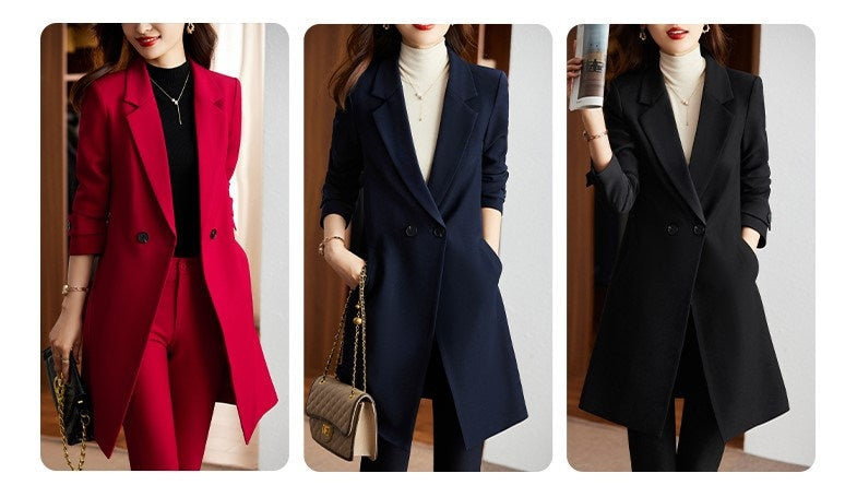 Red/ Black/ Dark blue pantsuit, designer woman long coat slim cut + pants Smart Causal/ Formal/ Party Event/ Prom Wedding/Gift